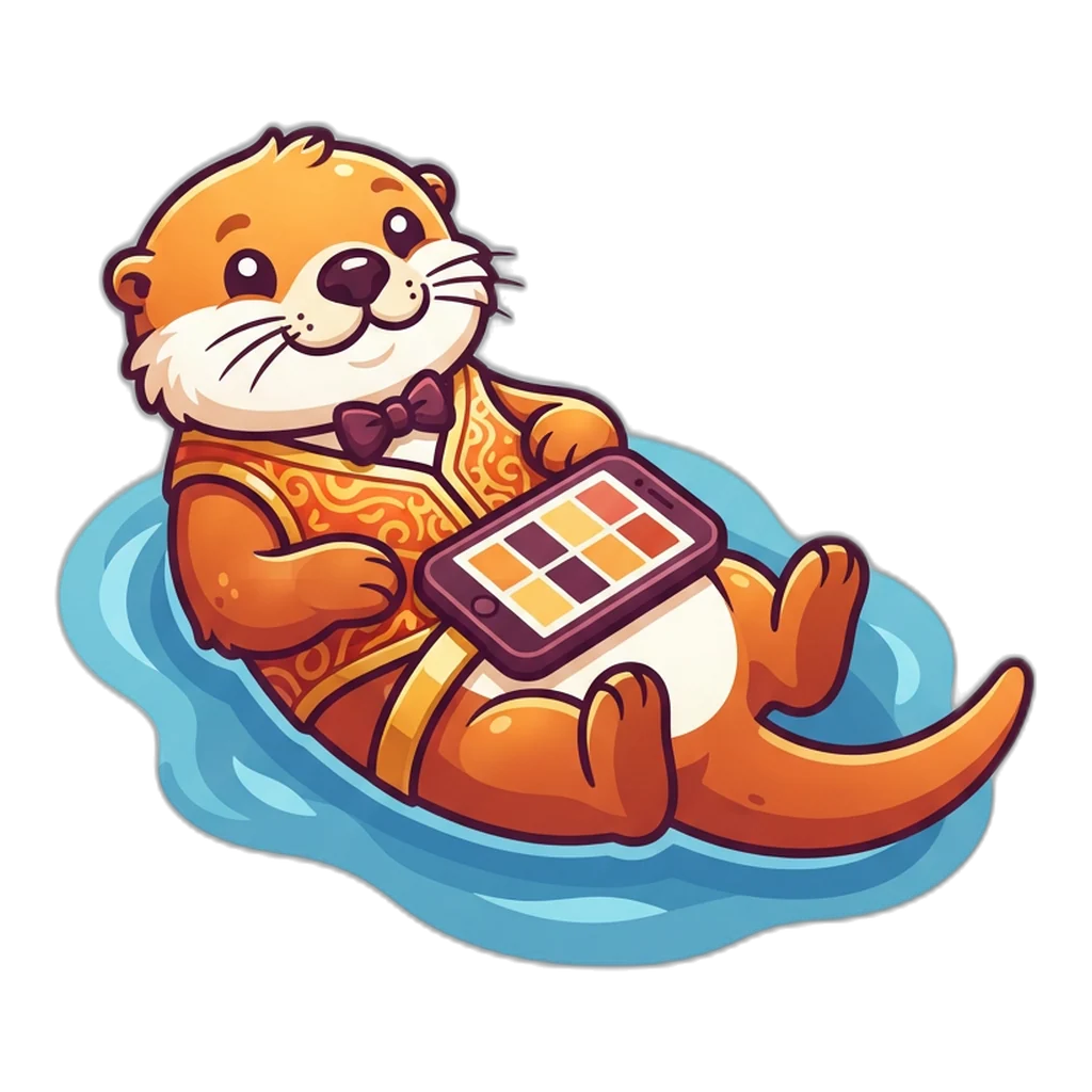 Otter floating on its back with a phone strapped to its belly, the 9K Club app on screen
