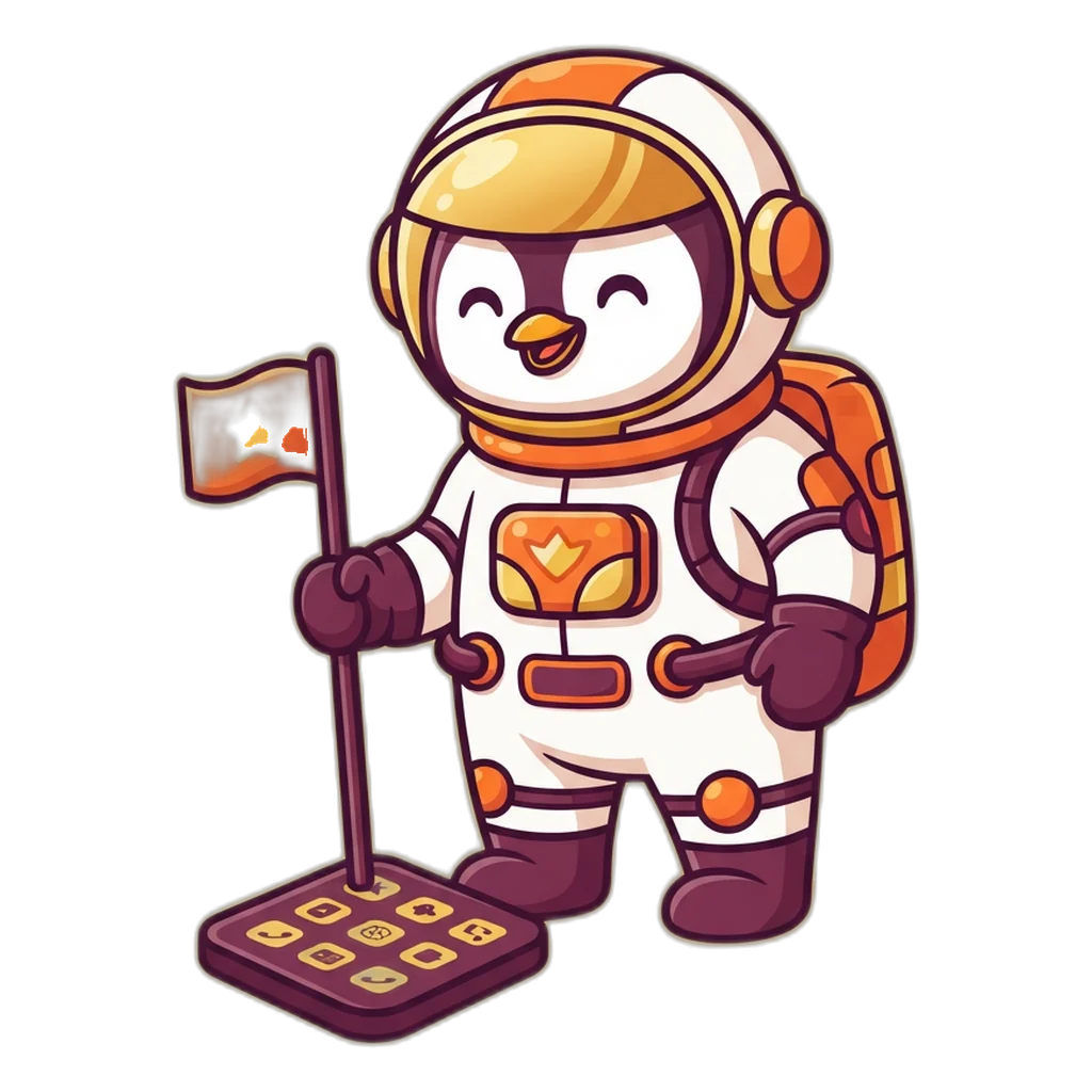 Penguin astronaut planting a flag on a home-screen icon tile