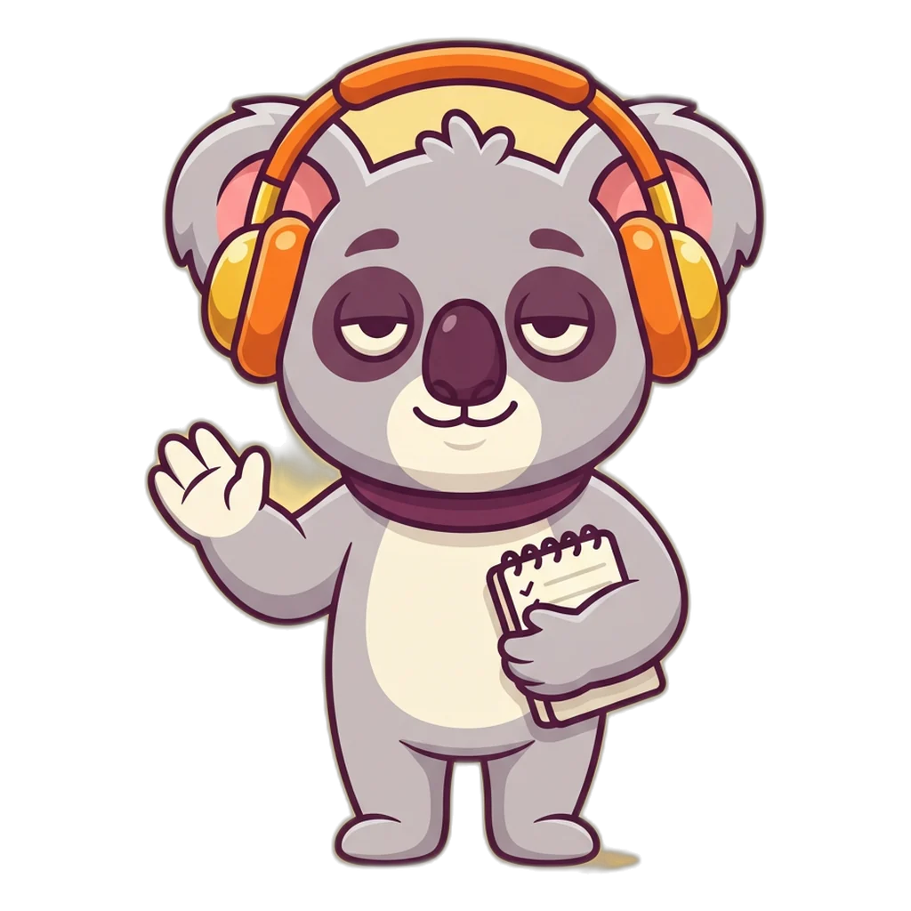 Koala in an orange headset holding a notepad of ticked fixes
