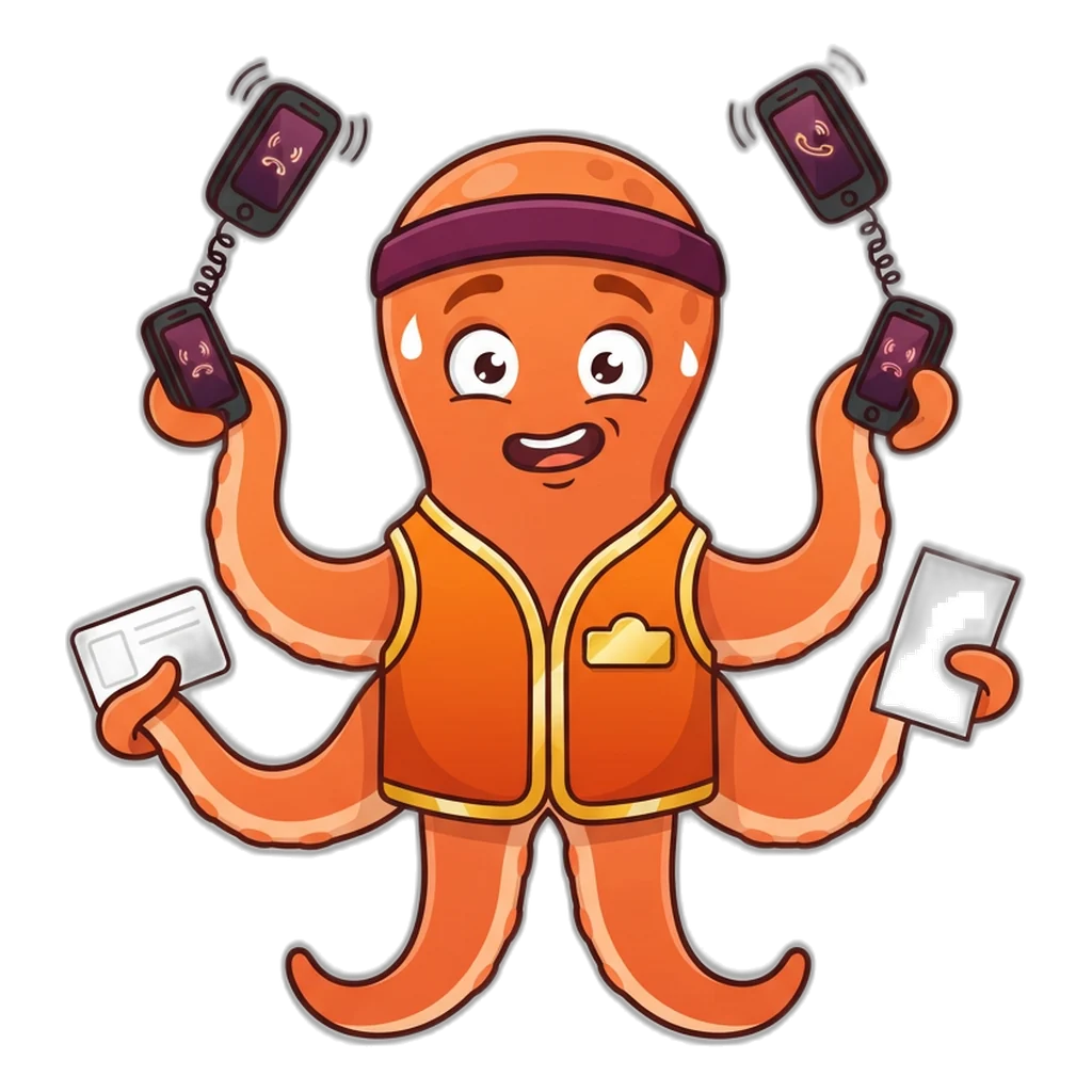 Octopus juggling four ringing phones: a fake 9K Club customer care desk