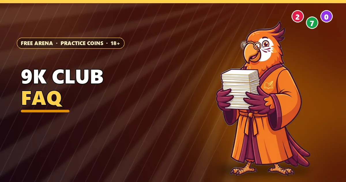 Parrot librarian holding index cards for the 9K Club FAQ