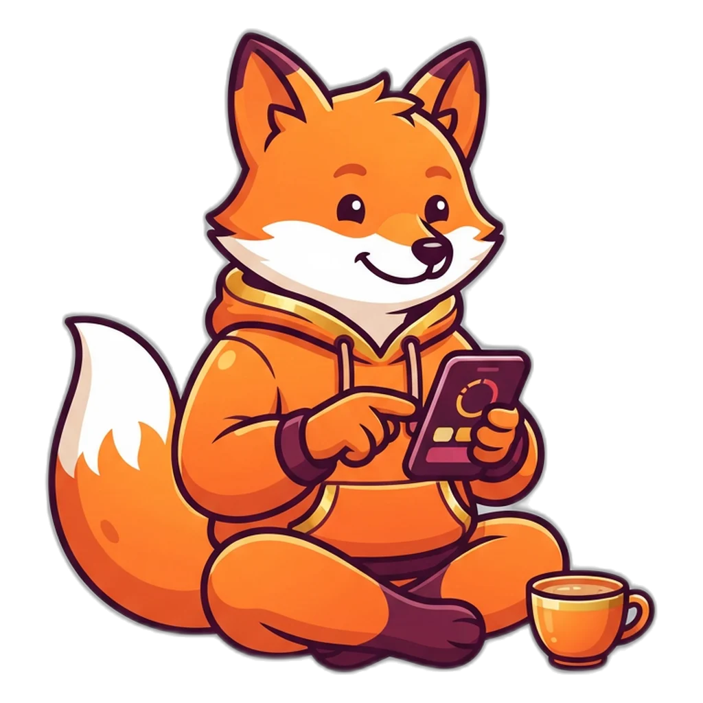 Fox in an orange hoodie tapping a phone that shows a round countdown and colour buttons