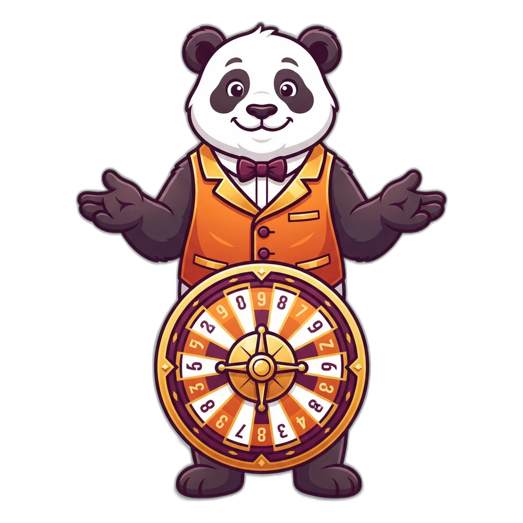 Panda croupier spinning a ten-slot wheel numbered 0 to 9 with its paws held away from it