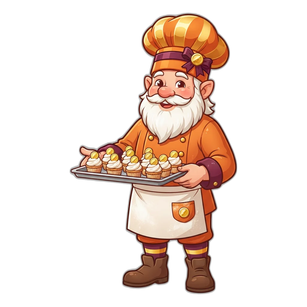 Gnome baker handing out a tray of free coin cupcakes