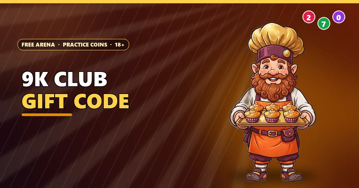 Gnome baker holding coin-shaped cupcakes for the 9K Club gift code guide