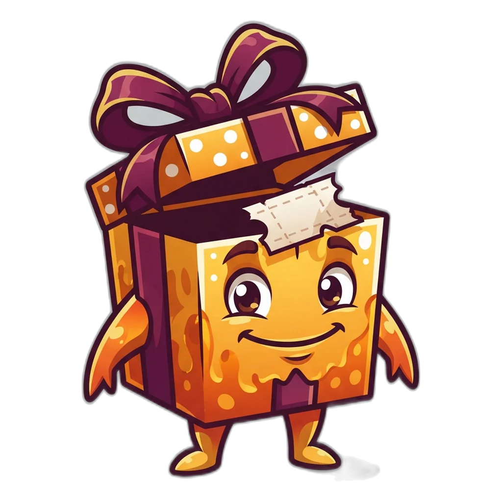 Gift-box mimic monster chewing a torn coupon: a 9K Club gift code is an empty box