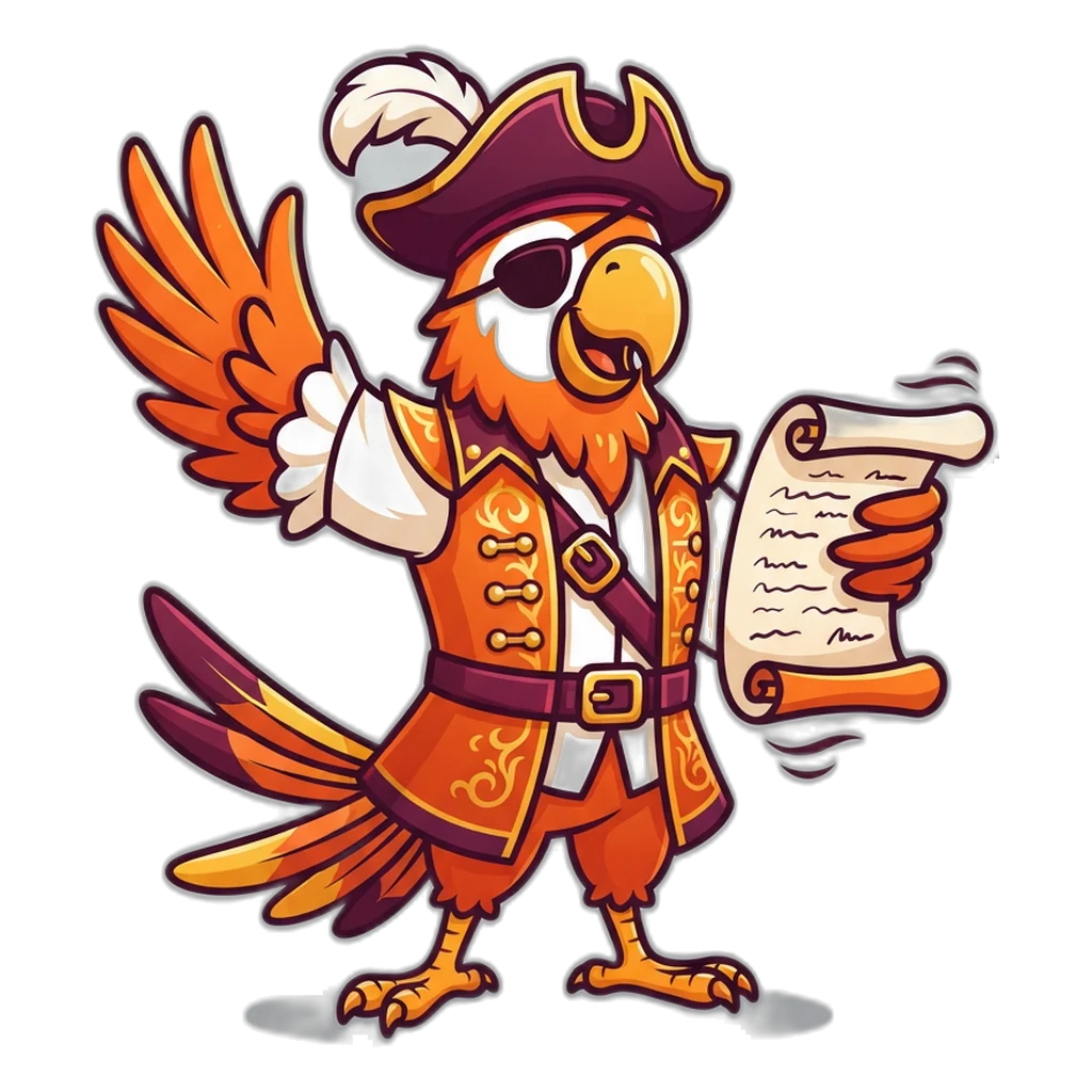 Parrot pirate waving a blank code scroll in the air