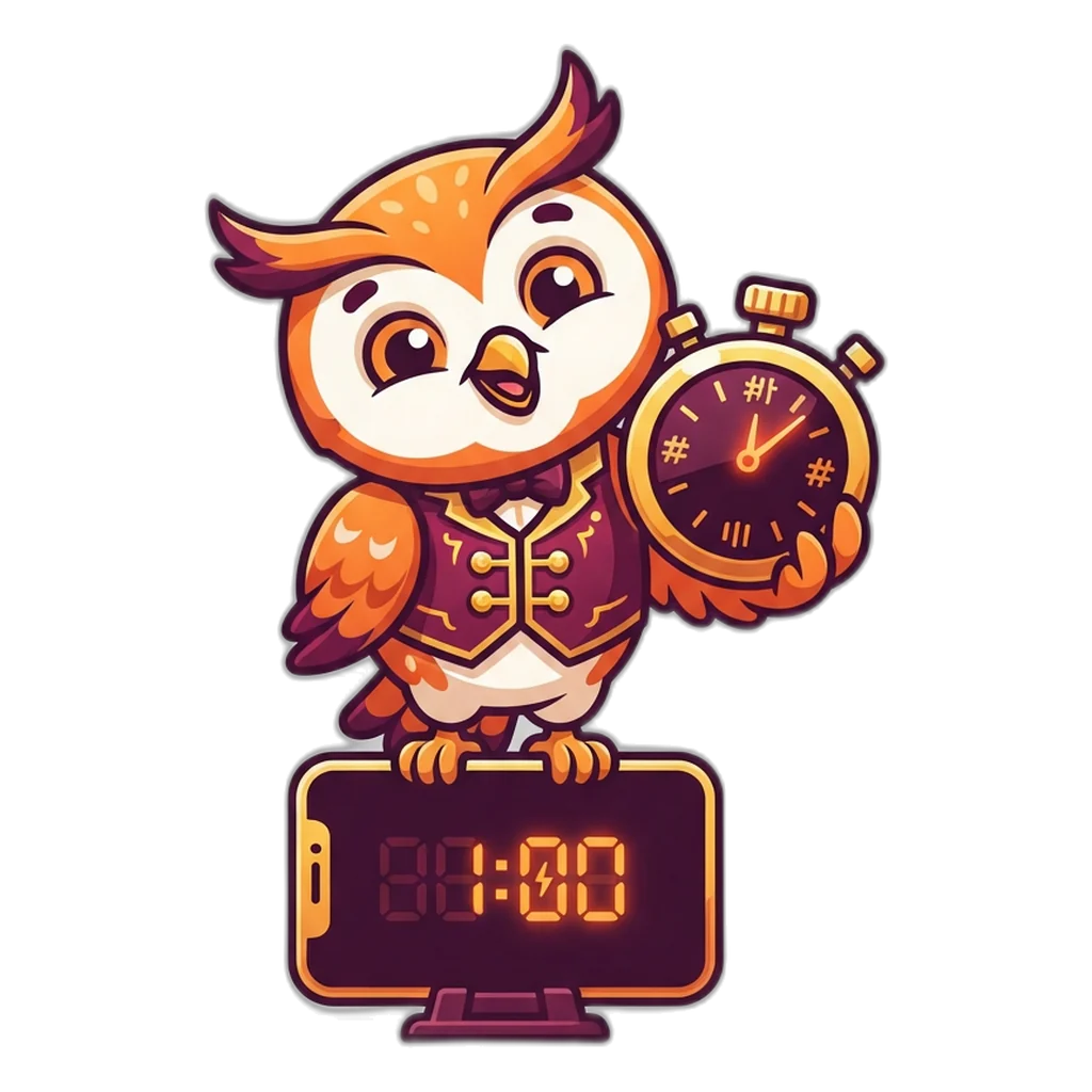 Owl timekeeper holding a round stopwatch while a five-minute round counts down on a phone
