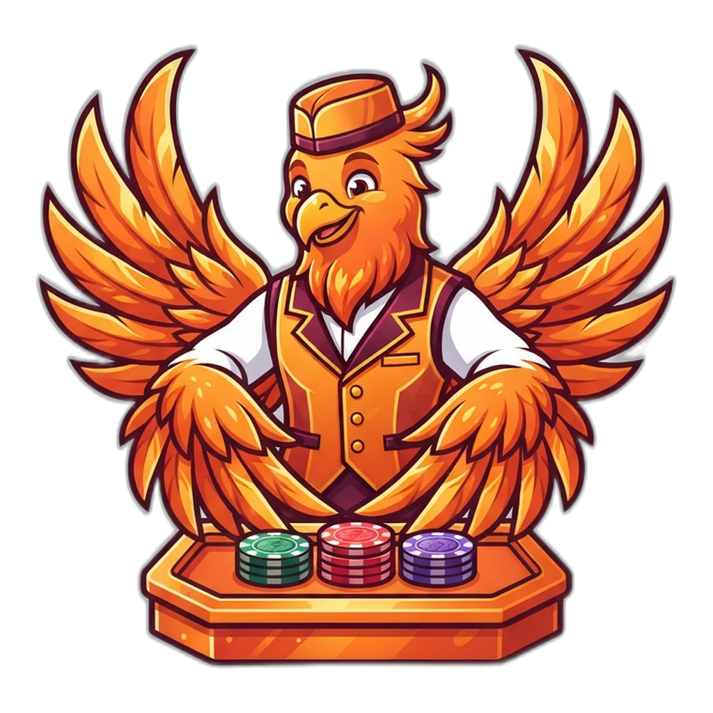 Phoenix dealer fanning orange and gold feathers over three chips in green, red and violet