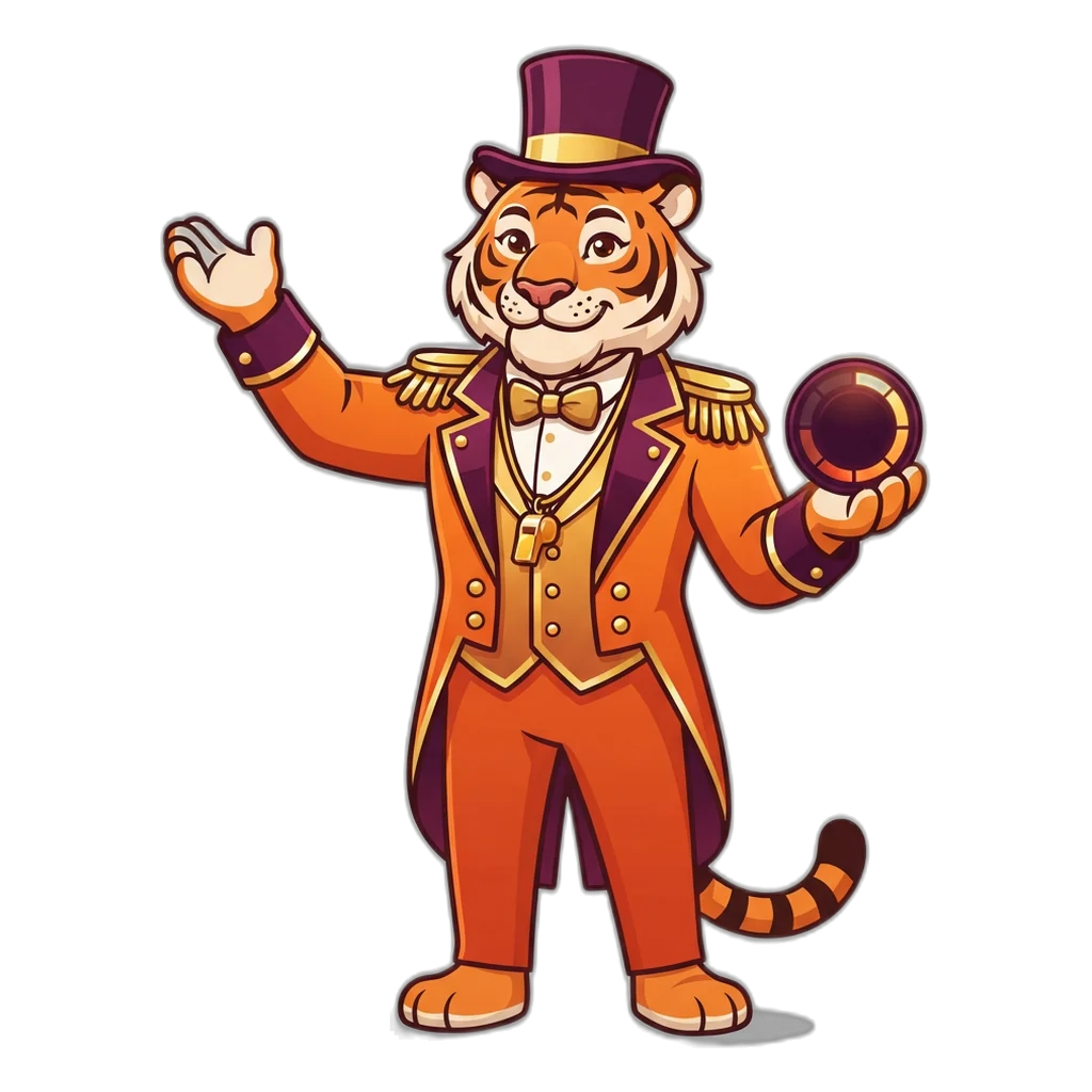 Tiger ringmaster in an orange tailcoat raising a gold whistle to open the 9K Club arena