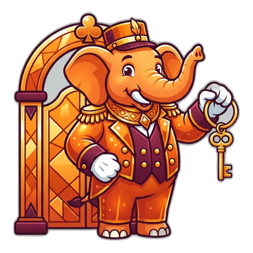 Elephant doorman holding a gold key ring at the arena gate, ready for a 9K Club login