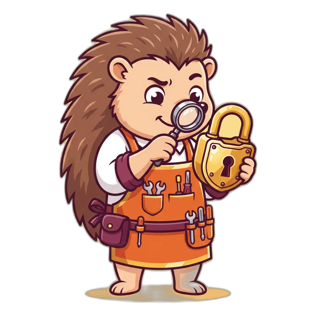 Hedgehog locksmith studying a closed padlock: a forgotten password has no spare key