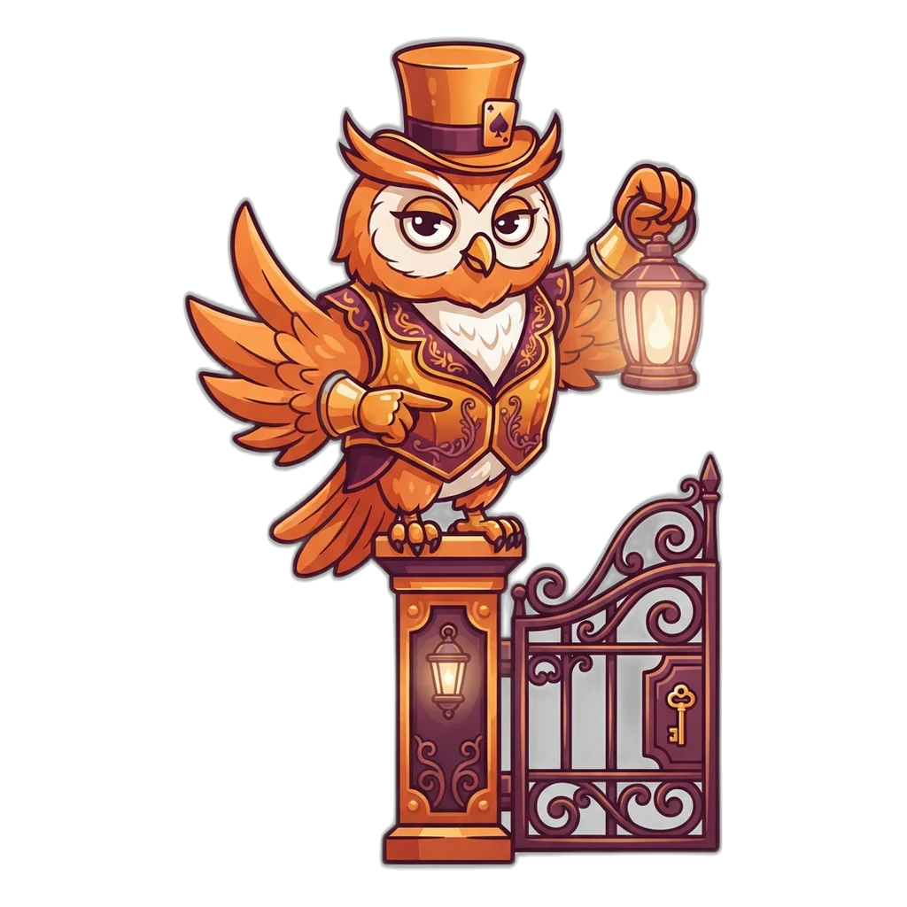 Night-watch owl raising a lantern at a shut gate, checking who is at the door