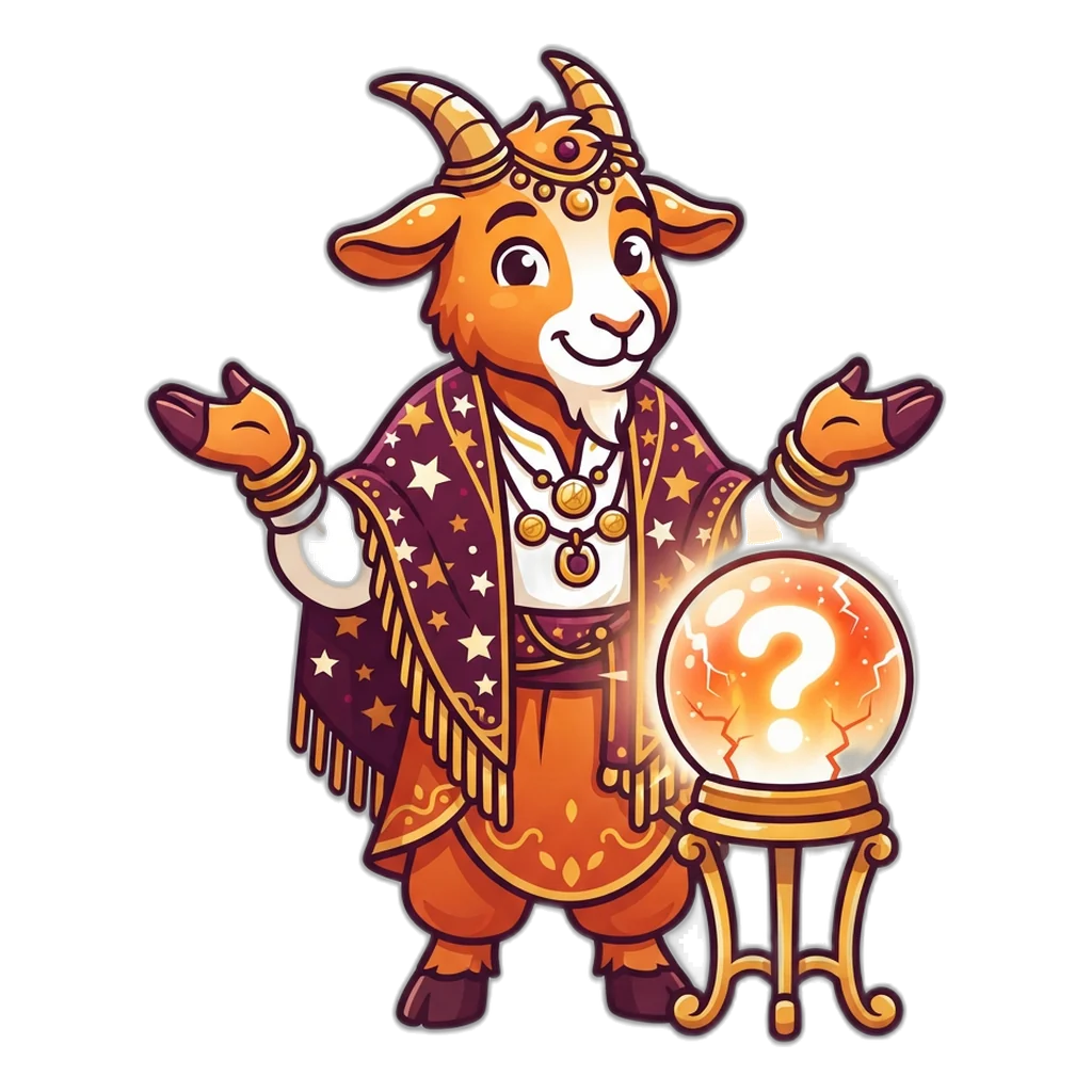 Goat fortune-teller shrugging at a cracked crystal ball: no 9K Club prediction sees the next digit