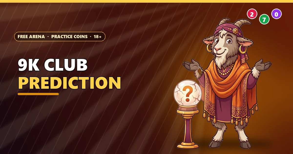 Goat fortune-teller shrugging at a cracked crystal ball for the 9K Club prediction guide