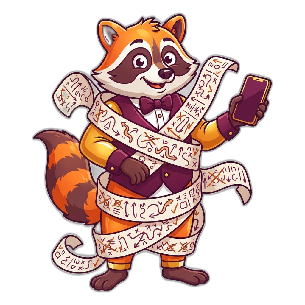 Raccoon tangled in a long paper scroll of crossed-out signals while holding a phone