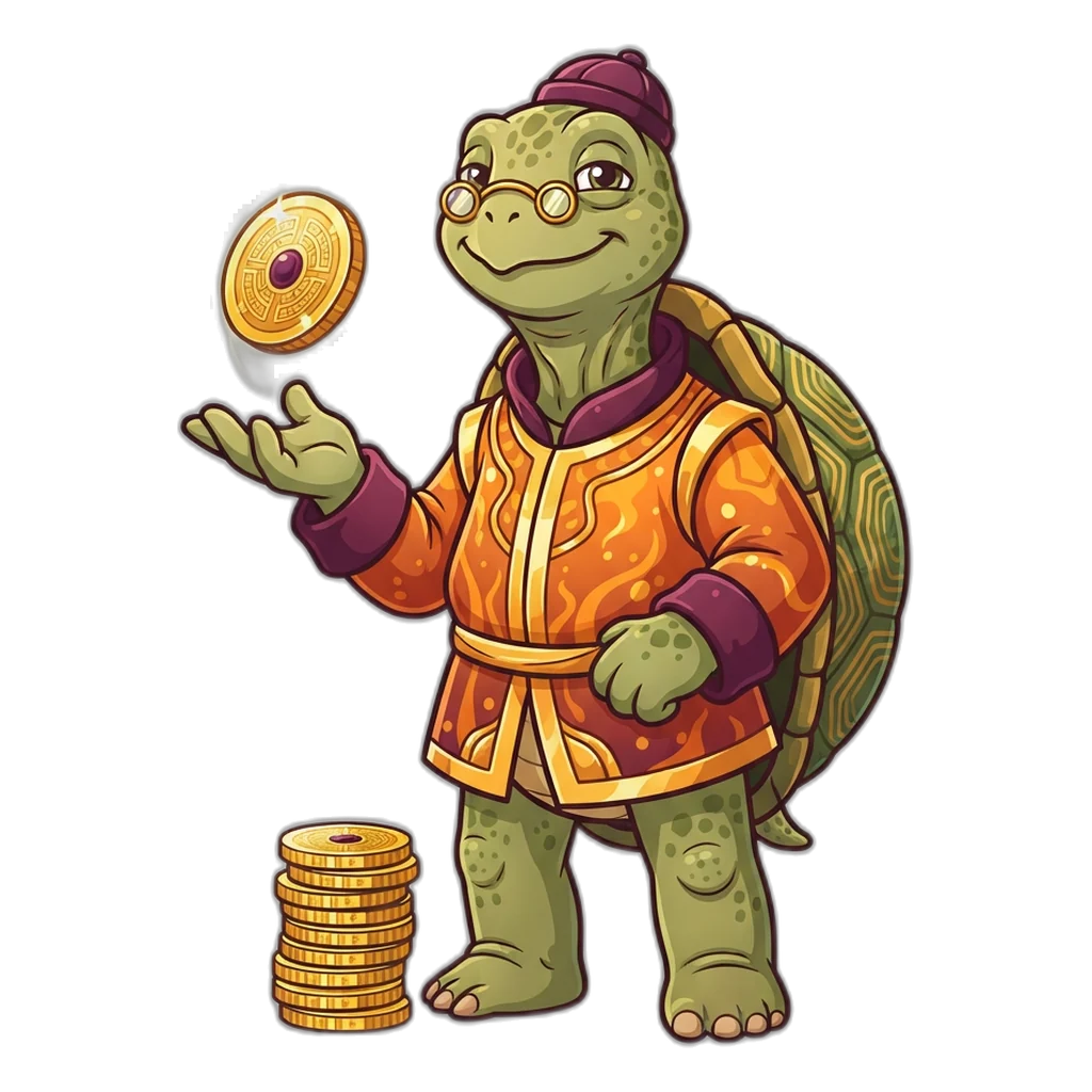 Wise tortoise watching a single coin frozen mid-flip above its open palm