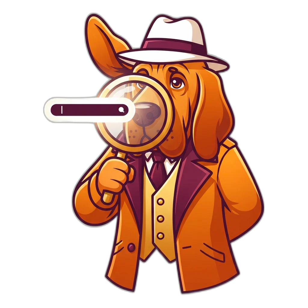 Bloodhound detective studying a browser address bar through a magnifier