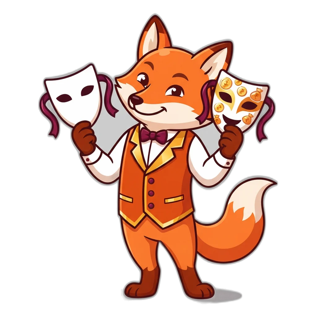 Fox holding a plain mask and a coin-painted mask: the 9K Club real or fake choice