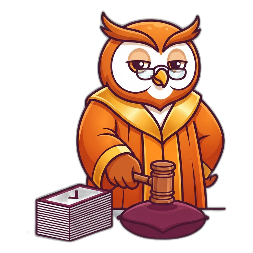 Owl judge bringing down a gavel beside twelve ticked check cards