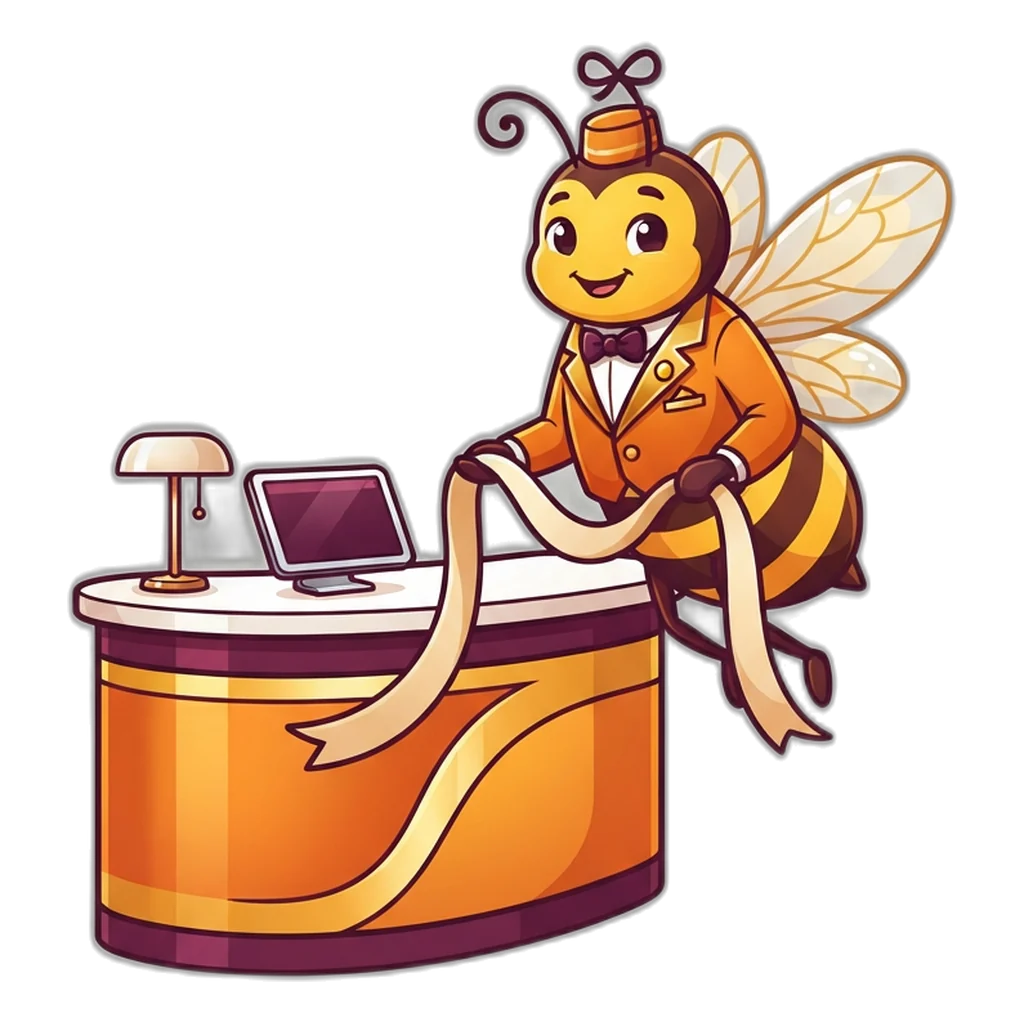 Bee receptionist holding a welcome ribbon as a new member heads into the arena