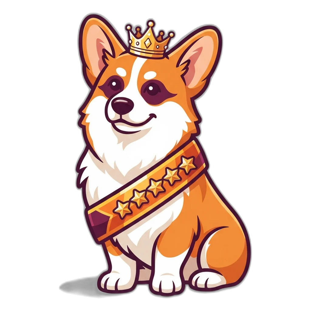 Crowned corgi wearing a sash of star badges for the 9K Club VIP levels