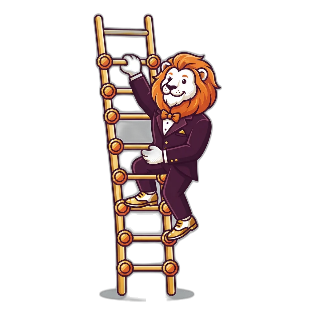 Lion in a tuxedo climbing a ladder of badges that grow further apart toward the top