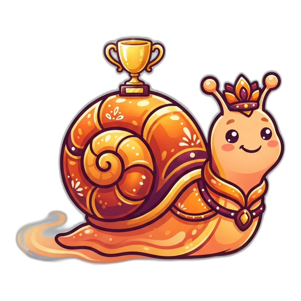Snail carrying a tiny gold trophy on its shell, in no hurry at all