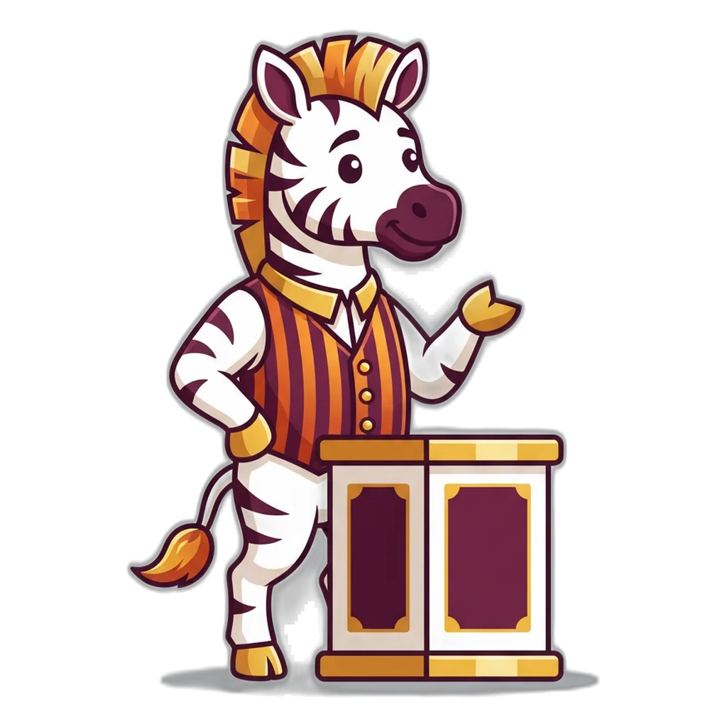 Zebra teller shaking its head at a payout slip across the counter