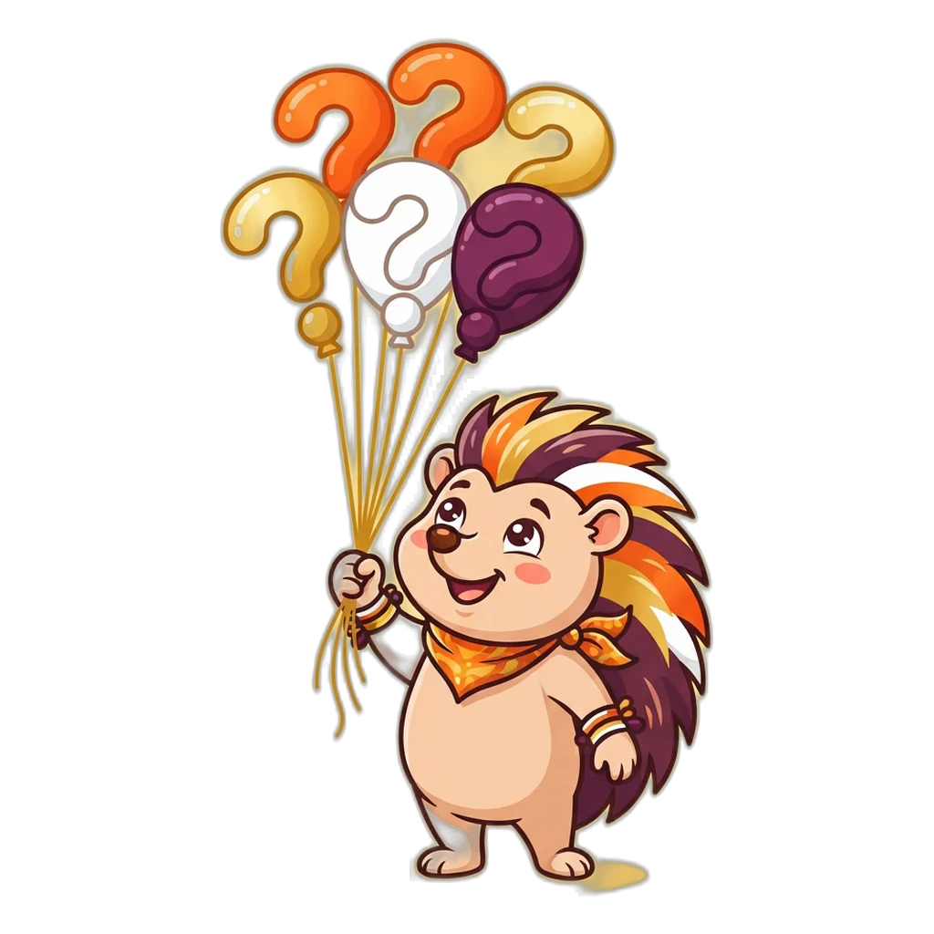 A hedgehog holding a bunch of question-mark balloons, one for every topic in the hub