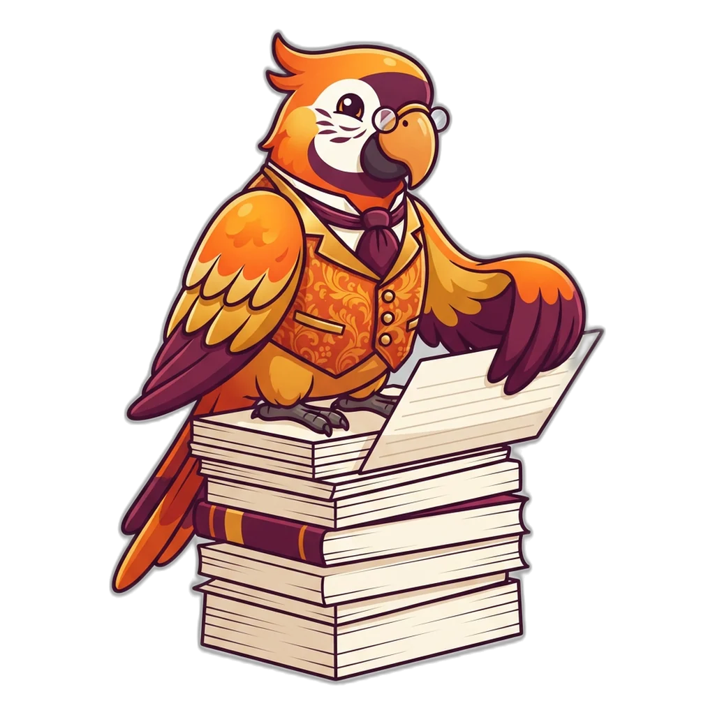 A parrot librarian pulling one card from a tall stack of 9K Club FAQ answers