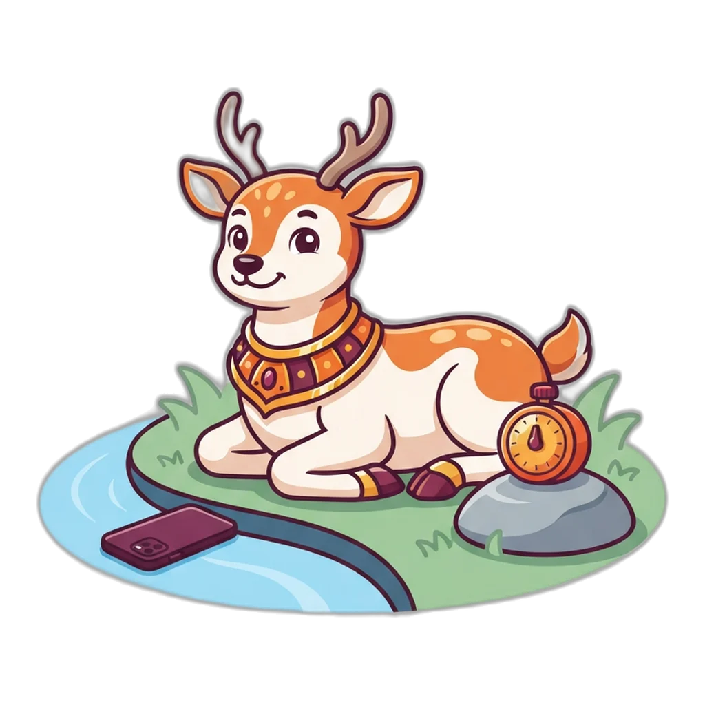 A deer resting beside a stream with a kitchen timer set, the phone face down on the bank