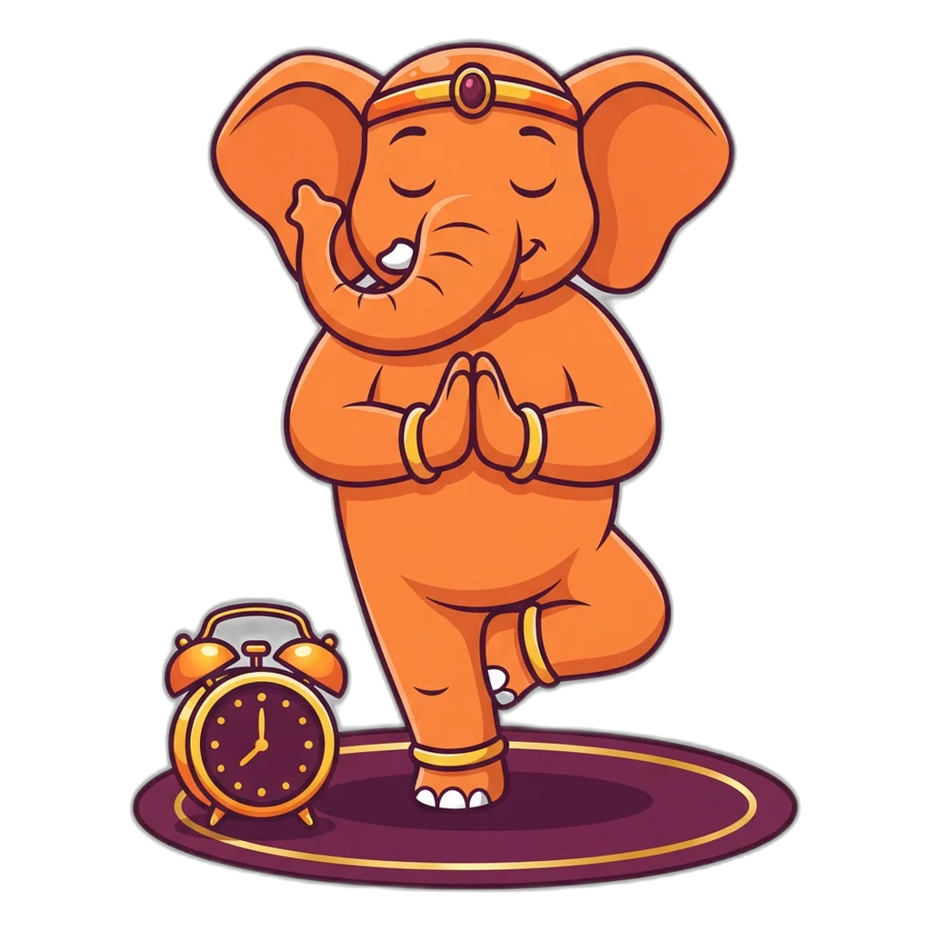 An elephant in a yoga pose beside an alarm clock set for the end of a session