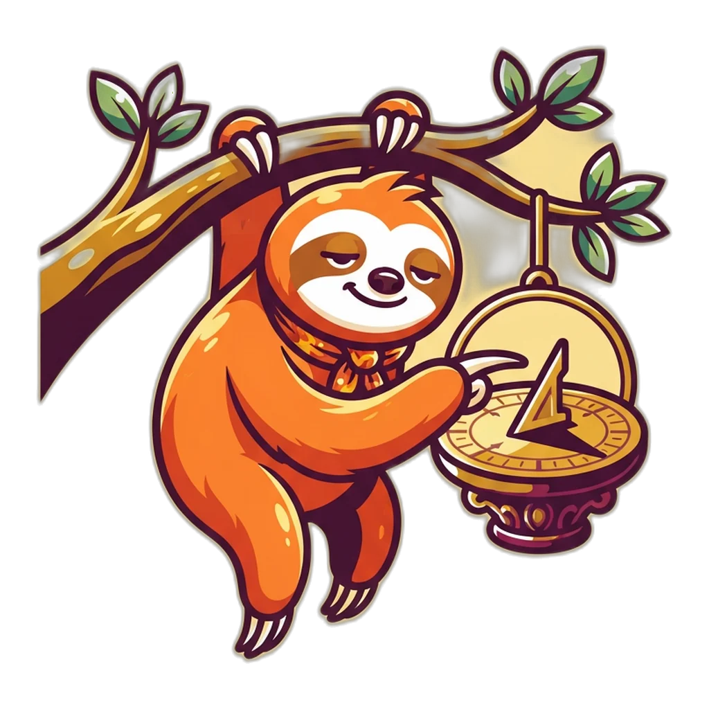 A sleepy sloth checking a sundial, a reminder that responsible gaming starts with slowing down